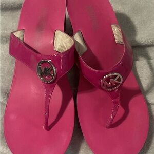 Michael Kors Hot Pink Patent T-Strap Sandals with MK Logo